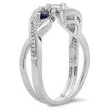 1.00 Carat (ctw) 10K White Gold Round Blue Sapphire & White Diamond Ladies Swirl Split Shank Bypass Engagement 3 Stone Bridal Ring 1 CT
