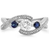 1.00 Carat (ctw) 10K White Gold Round Blue Sapphire & White Diamond Ladies Swirl Split Shank Bypass Engagement 3 Stone Bridal Ring 1 CT