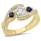 1.00 Carat (ctw) 10K Yellow Gold Round Blue Sapphire & White Diamond Ladies Swirl Split Shank Bypass Engagement 3 Stone Bridal Ring 1 CT