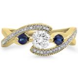 1.00 Carat (ctw) 10K Yellow Gold Round Blue Sapphire & White Diamond Ladies Swirl Split Shank Bypass Engagement 3 Stone Bridal Ring 1 CT