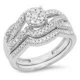 0.50 Carat (ctw) 14K White Gold Round White Diamond Ladies Swirl Split Shank Bridal Cluster Engagement Ring Set 1/2 CT