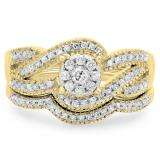 0.50 Carat (ctw) 18K Yellow Gold Round White Diamond Ladies Swirl Split Shank Bridal Cluster Engagement Ring Set 1/2 CT