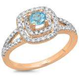 0.80 Carat (ctw) 10K Rose Gold Round Blue Topaz & White Diamond Ladies Split Shank Engagement Halo Bridal Ring 3/4 CT