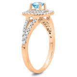 0.80 Carat (ctw) 10K Rose Gold Round Blue Topaz & White Diamond Ladies Split Shank Engagement Halo Bridal Ring 3/4 CT