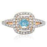 0.80 Carat (ctw) 10K Rose Gold Round Blue Topaz & White Diamond Ladies Split Shank Engagement Halo Bridal Ring 3/4 CT