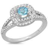 0.80 Carat (ctw) 10K White Gold Round Blue Topaz & White Diamond Ladies Split Shank Engagement Halo Bridal Ring 3/4 CT