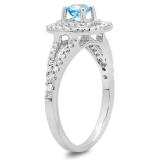 0.80 Carat (ctw) 10K White Gold Round Blue Topaz & White Diamond Ladies Split Shank Engagement Halo Bridal Ring 3/4 CT