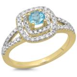 0.80 Carat (ctw) 10K Yellow Gold Round Blue Topaz & White Diamond Ladies Split Shank Engagement Halo Bridal Ring 3/4 CT