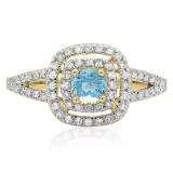 0.80 Carat (ctw) 10K Yellow Gold Round Blue Topaz & White Diamond Ladies Split Shank Engagement Halo Bridal Ring 3/4 CT