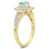 0.80 Carat (ctw) 14K Yellow Gold Round Blue Topaz & White Diamond Ladies Split Shank Engagement Halo Bridal Ring 3/4 CT