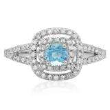 0.80 Carat (ctw) 18K White Gold Round Blue Topaz & White Diamond Ladies Split Shank Engagement Halo Bridal Ring 3/4 CT