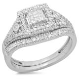 0.50 Carat (ctw) 14K White Gold Princess & Round Diamond Ladies Engagement Ring Bridal Set 1/2 CT