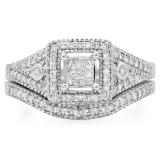 0.50 Carat (ctw) 14K White Gold Princess & Round Diamond Ladies Engagement Ring Bridal Set 1/2 CT