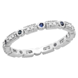 0.25 Carat (ctw) 14K White Gold Round Blue Sapphire And White Diamond Ladies Vintage Style Anniversary Wedding Eternity Band Stackable Ring 1/4 CT