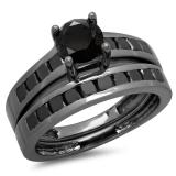 2.35 Carat (ctw) Black Rhodium Plated Sterling Silver Round & Princess Cut Black Diamond Ladies Bridal Engagement Ring With Matching Band Set