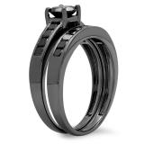 2.35 Carat (ctw) Black Rhodium Plated Sterling Silver Round & Princess Cut Black Diamond Ladies Bridal Engagement Ring With Matching Band Set