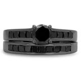 2.35 Carat (ctw) Black Rhodium Plated Sterling Silver Round & Princess Cut Black Diamond Ladies Bridal Engagement Ring With Matching Band Set