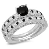 1.50 Carat (ctw) Sterling Silver Round Cut Black & White Diamond Ladies Bridal Vintage Style Engagement Ring With Matching Band Set 1 1/2 CT