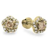 0.45 Carat (ctw) 14K Yellow Gold Real Round Cut Champagne & White Diamond Ladies Cluster Halo Style Stud Earrings 1/2 CT