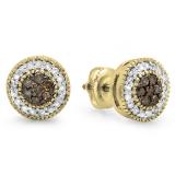 0.55 Carat (ctw) 18K Yellow Gold Round Cut White & Champagne Diamond Ladies Cluster Stud Earrings 1/2 CT