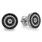 0.50 Carat (ctw) Sterling Silver Real Round Black And White Diamond Micro Pave Ladies Cluster Stud Earrings 1/2 CT