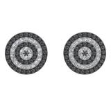 0.50 Carat (ctw) Sterling Silver Real Round Black And White Diamond Micro Pave Ladies Cluster Stud Earrings 1/2 CT