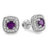 0.75 Carat (ctw) Sterling Silver Round Cut Amethyst & White Diamond Ladies Halo Stud Earrings 3/4 CT