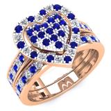 1.10 Carat (Ctw) 10K Rose Gold Round Cut Blue Sapphire & White Diamond Ladies Heart Shaped Bridal Engagement Ring With Matching Band Set 1 CT
