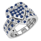 1.10 Carat (Ctw) 14K White Gold Round Cut Blue Sapphire & White Diamond Ladies Heart Shaped Bridal Engagement Ring With Matching Band Set 1 CT