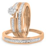 10K Rose Gold Round White Cubic Zirconia CZ Men & Women's Ring Trio Bridal Set
