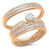 0.40 Carat (ctw) 10K Rose Gold Round White Diamond Men & Women's Cluster Engagement Ring Trio Bridal Set