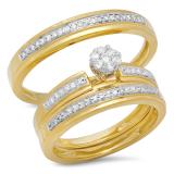 0.40 Carat (ctw) 10K Yellow Gold Round White Diamond Men & Women's Cluster Engagement Ring Trio Bridal Set