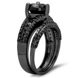 2.30 Carat (ctw) Black Rhodium Plated Sterling Silver Round & Heart Cut Black Diamond Ladies Bridal Vintage Heart Shaped Engagement Ring With Matching Band Set