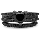 2.30 Carat (ctw) Black Rhodium Plated Sterling Silver Round & Heart Cut Black Diamond Ladies Bridal Vintage Heart Shaped Engagement Ring With Matching Band Set