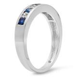 0.45 Carat (ctw) 10K White Gold Round & Princess Cut White Diamond & Blue Sapphire Ladies Anniversary Wedding Band Stackable Ring 1/2 CT