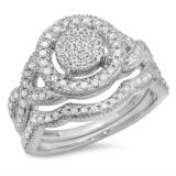 0.65 Carat (ctw) Sterling Silver Round White Diamond Ladies Micro Pave Swirl Split Shank Engagement Ring Set