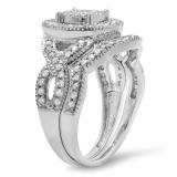 0.65 Carat (ctw) Sterling Silver Round White Diamond Ladies Micro Pave Swirl Split Shank Engagement Ring Set