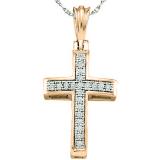 0.10 Carat (ctw) 18K Rose Gold Round White Diamond Ladies Micro Pave Religious Cross Pendant 1/10 CT