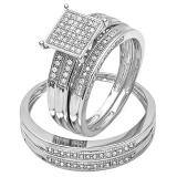 0.27 Carat (ctw) 14K White Gold Round White Diamond Men's & Women's Micro Pave Engagement Ring Trio Bridal Set 1/4 CT