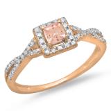 0.50 Carat (ctw) 14K Rose Gold Cushion Cut Morganite & Round Diamond Ladies Swirl Split Shank Bridal Halo Style Engagement Ring 1/2 CT