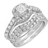2.40 Carat (ctw) 14K White Gold Princess & Round Diamond Ladies Halo Style Bridal Engagement Ring With Matching Two Band Set