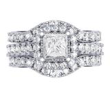 2.40 Carat (ctw) 14K White Gold Princess & Round Diamond Ladies Halo Style Bridal Engagement Ring With Matching Two Band Set