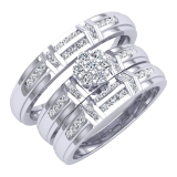0.50 Carat (ctw) 10K White Gold Round White Diamond Men & Women's Cluster Engagement Ring Trio Bridal Set 1/2 CT