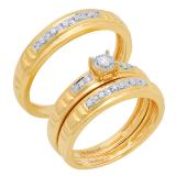 0.17 Carat (ctw) 10K Yellow Gold Round White Diamond Men & Women's Engagement Ring Trio Bridal Sets