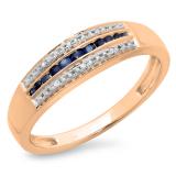 0.20 Carat (ctw) 10K Rose Gold Round Blue Sapphire & White Diamond Ladies Anniversary Wedding Band Stackable Ring 1/5 CT