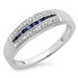 0.20 Carat (ctw) 10K White Gold Round Blue Sapphire & White Diamond Ladies Anniversary Wedding Band Stackable Ring 1/5 CT