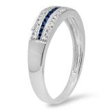 0.20 Carat (ctw) 10K White Gold Round Blue Sapphire & White Diamond Ladies Anniversary Wedding Band Stackable Ring 1/5 CT