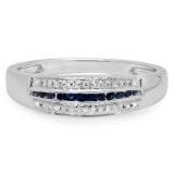 0.20 Carat (ctw) 10K White Gold Round Blue Sapphire & White Diamond Ladies Anniversary Wedding Band Stackable Ring 1/5 CT