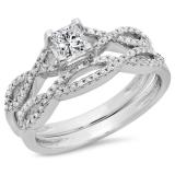0.75 Carat (ctw) 10K White Gold Princess & Round Diamond Ladies Bridal Swirl Engagement Ring With Matching Band Set 3/4 CT