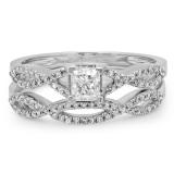 0.75 Carat (ctw) 10K White Gold Princess & Round Diamond Ladies Bridal Swirl Engagement Ring With Matching Band Set 3/4 CT